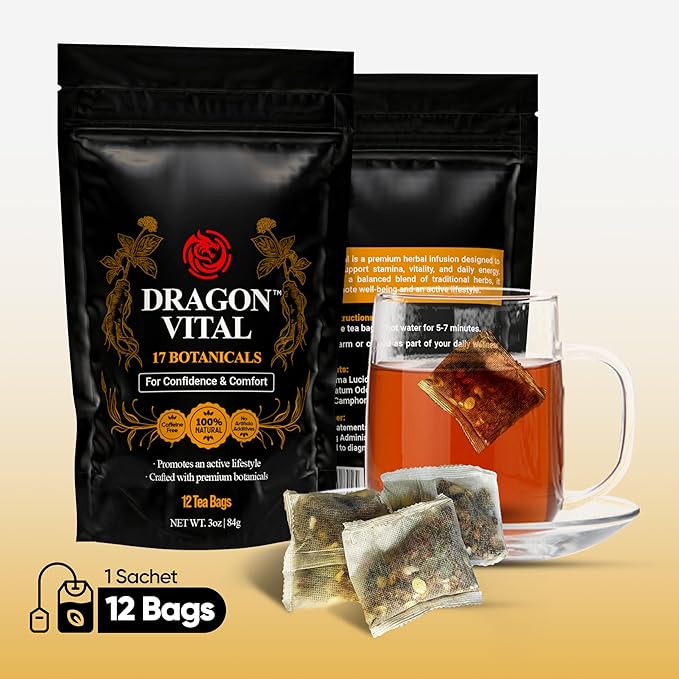 Dragon Vital Herbal Tea with Ginseng &amp Maca – Natural Energy Support | Caffeine-Free Botanical Blend for Vitality &amp Active Living | All natural - NON-GMO &amp No Preservatives |12 Tea Bags |