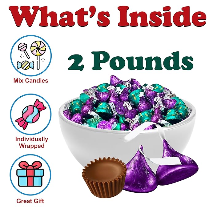Mardi Gras Chocolate Candy Mix 2 Lbs Bulk Chocolate Assortment Green And Purple Individually Wrapped Kisses Peanut Butter Cups and More for Parties Parades King Cake Mardi Gras Celebration Part