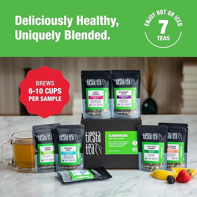 Tiesta Tea - 7 Green Teas Dry Flight Sampler Loose Leaf Medium Caffeine Hot &amp Iced Tea Premium Green Tea Blends 7 Resealable Sample Pouches