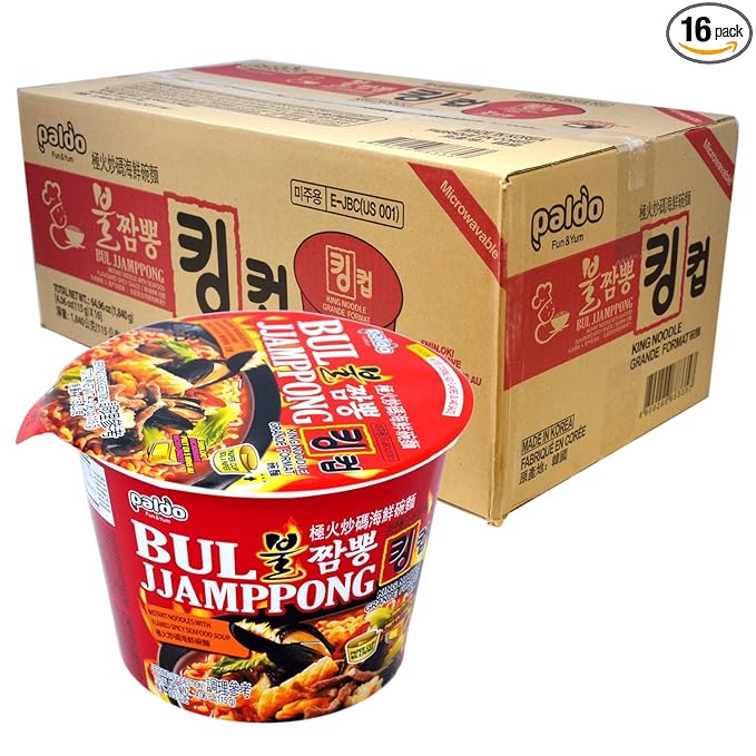 Paldo Fun &amp Yum Bul Jjamppong Instant Big Cup Noodles with Soup Spicy Seafood Based Broth Best Oriental Style Original Korean Ramyun Spicy Ramen Challenge 팔도 불짬뽕 킹 컵 115g (4.06 oz) x 16 Pack