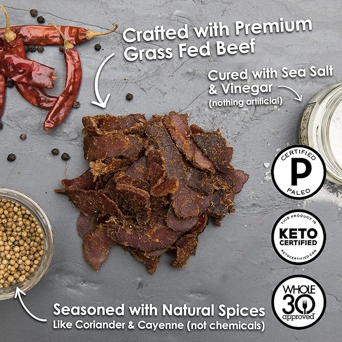 Ayoba Spicy Grass Fed Beef Biltong Slices (2 Ounce Pack of 3) - Keto Friendly Air-Dried Grass Fed Beef Paleo Snacks - Gluten Free Whole 30 Approved Sugar free No Carb Meat Snacks