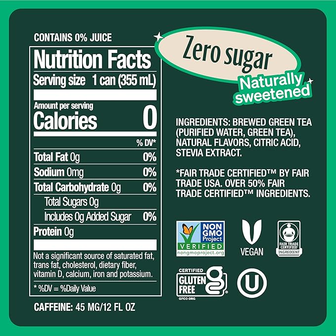 Zevia Zero Sugar Tea Green Tea 12 oz Cans (12-Pack) – Naturally Sweetened Zero Calorie Sugar Free - Non-GMO Project Verified Gluten-Free Vegan