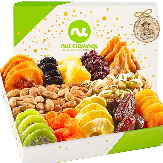 NUT CRAVINGS - Dried Fruit &amp Mixed Nuts Gift Basket in White Gold Box (12 Assortments) Ramadan Gifts Food Arrangement Healthy Snack Care Package