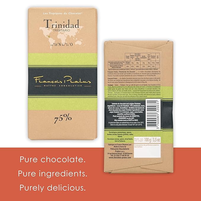 François Pralus Trinidad 75% Dark Chocolate 5 Pack - French Chocolate - Bean-to-Bar Direct Trade - Vegan Gluten-Free Soy-Free - Bundle