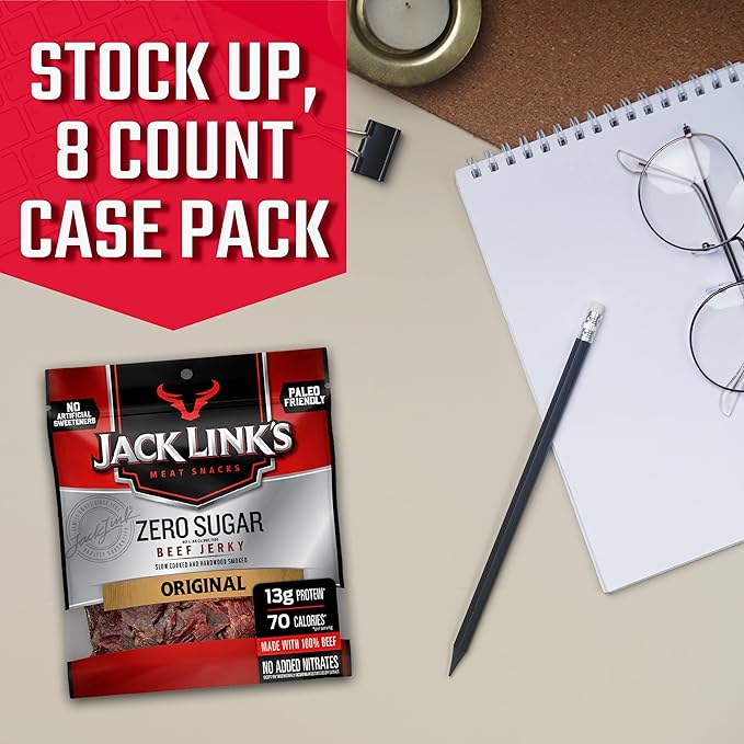 Jack Link's Beef Jerky Original Zero Sugar - Flavorful Meat Snacks Ready to Eat Protein Snacks with 13g of Protein per Serving Made with 100% Beef Keto Paleo Diet Friendly - 2.3 Oz. (Pack of 8)