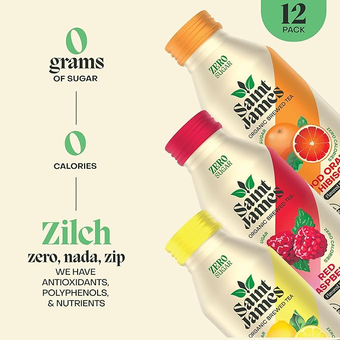Saint James Iced Tea - Organic Black Tea - Non GMO Gluten Free Zero Calorie &amp Zero Sugar - Variety Black Tea Flavors 12 Pack (16 fl oz each)