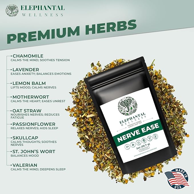 Elephantal Wellness Nerve Ease Herbal Tea | Calming Nervous System Support with Chamomile Tea Passionflower Lemon Balm Tea Valerian &amp St. John’s Wort | Loose Leaf Caffeine-Free 2oz 20 Servin