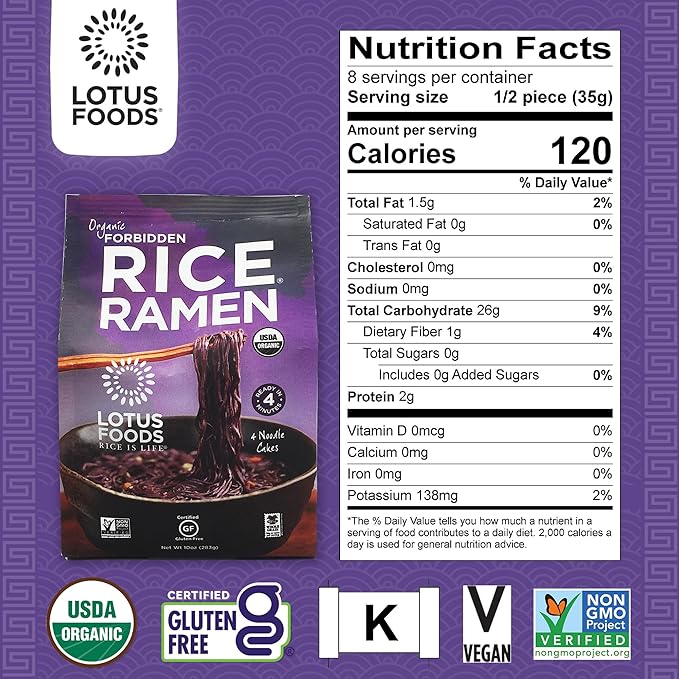 Lotus Foods Bulk Organic Forbidden Rice Ramen - Gluten Free Ramen Noodles Rice Ramen Whole Grain Ramen Noodles Organic Vegan Rice Noodles Low Sodium Usda Organic - 10 Oz Bags (Pack Of 6)