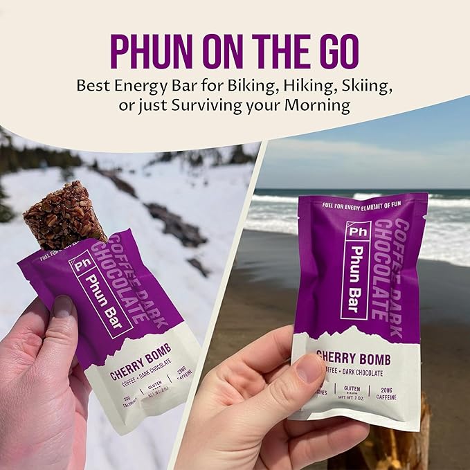 Phun Bar Cherry Bomb Energy Bars (Pack of 12) 25mg Caffeine | Coffee + Dark Chocolate + Cherry | Gluten-Free Sports Energy Bars for Cycling Hiking Training &amp Busy Days
