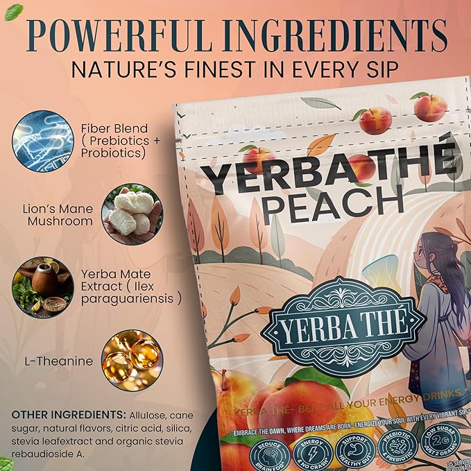 Yerba Mate Powder - Clean Energy &amp Focus - Organic Yerba Mate Tea 350g - Supports Gut Health with Probiotics &amp Prebiotics Brain Fog Relief Focus &amp Relaxation - Peach Flavor 35 Servings