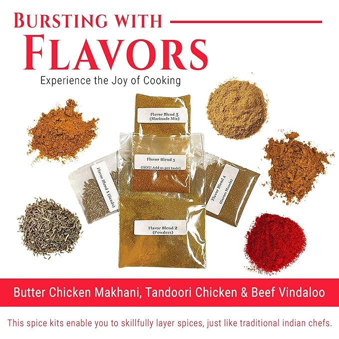 Butter Chicken Makhani Tandoori Chicken Beef Vindaloo Indian food spice kits by Flavor Temptations | Home Cook Authentic Indian Food | Organic Gluten Free No Sodium (3 Spice Kits)