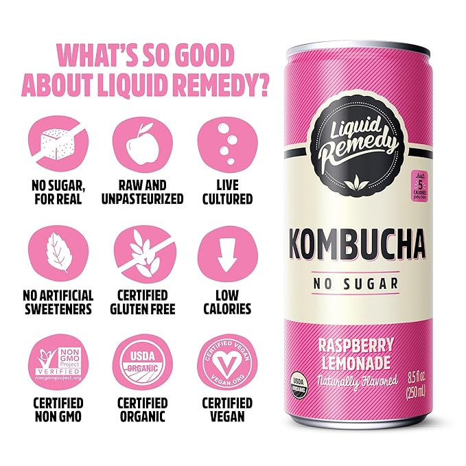 Liquid Remedy Kombucha Sugar Free Organic Drink Low Calorie Probiotic Like Tea for Gut Health - Raspberry Lemonade - 8.5 Fl Oz Can 24-Pack