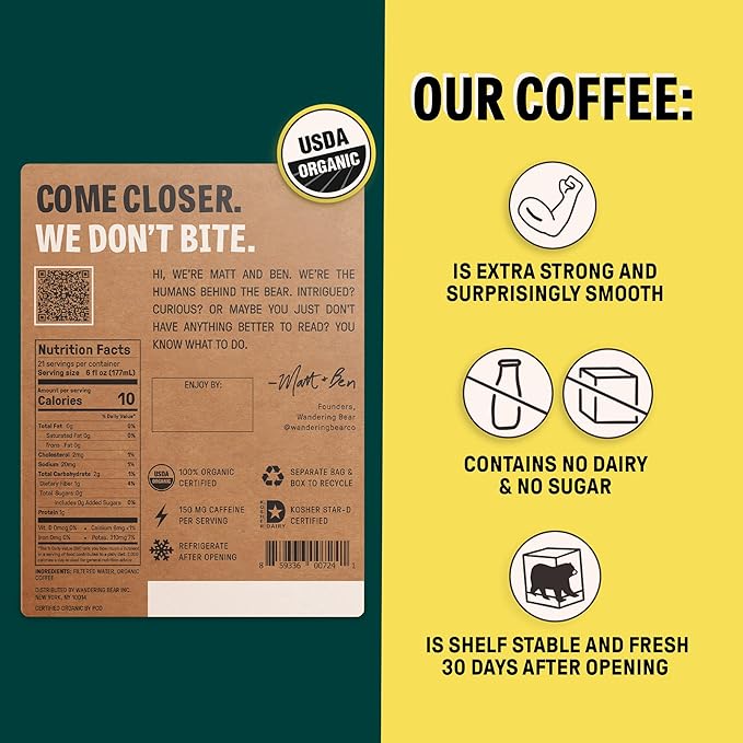Wandering Bear Straight Black Organic Cold Brew Coffee On Tap Iced Coffee Drink - Extra Strong Bold Smooth No Sugar Added Shelf-Stable Ready to Drink &amp Vegan 100% Organic - 128 fl oz (1 gal