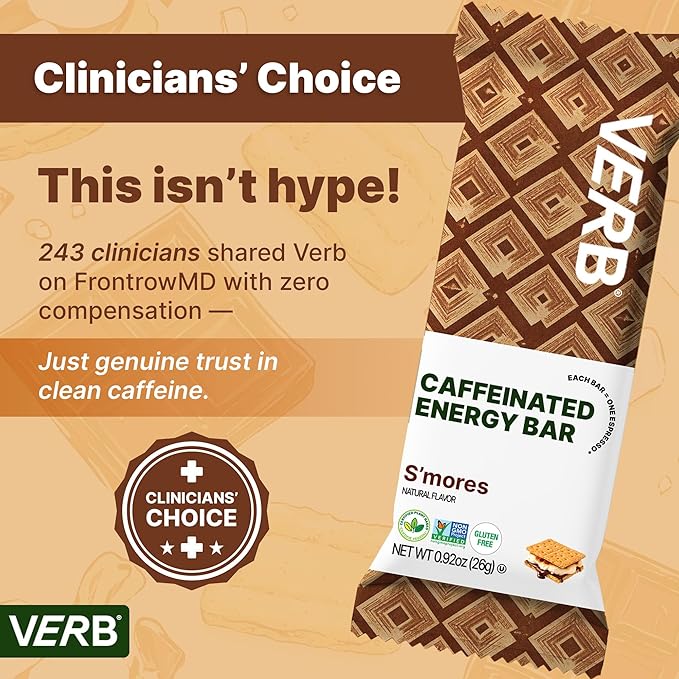 Verb Caffeinated Energy Bars S'mores (26g Pack of 16) 110-Calorie Delicious Low Sugar Energy Bar - Vegan Gluten Free On-the Go Snack with 80mg Green Tea Caffeine Only Real-Food Ingredients