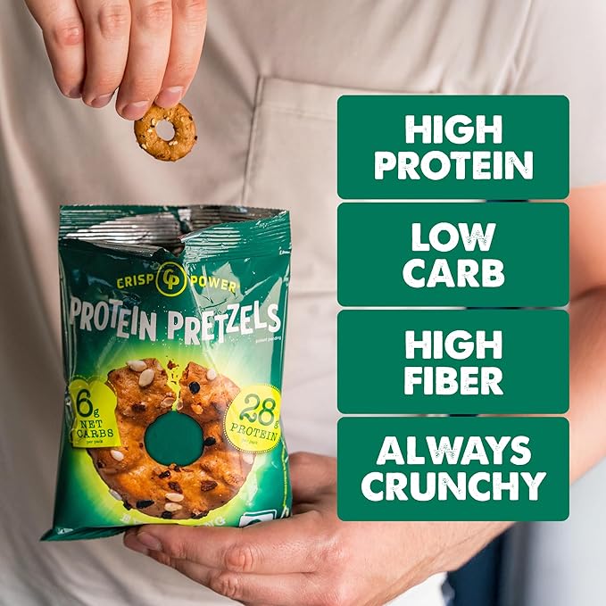 CRISP POWER Protein Pretzels Everything 28G Protein High Protein Snack High Fiber Low Carb Crunchy Pretzel Snacks No Added Sugar 1.75 oz Bags 6 Pack Vegan Keto