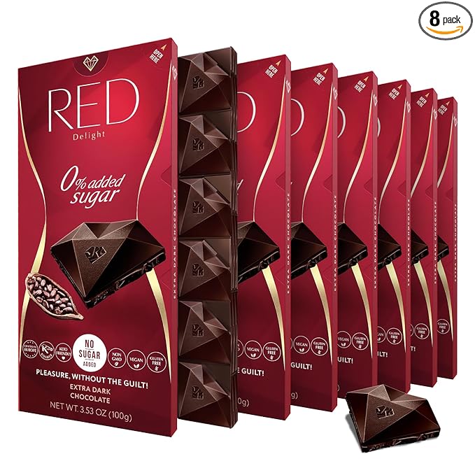 Red Delight Extra Dark Chocolate Bars - 3.53 oz Pack of 8 - Keto-Friendly Vegan Treat - European-Made Smooth Low-Carb Indulgence - Kosher Gluten-Free No Added Sugar Guilt-Free Snack