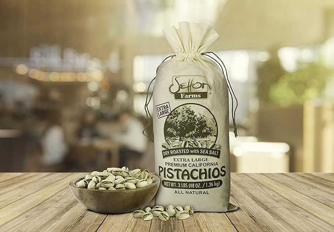 Setton Farms Pistachios Dry Roasted and Salted Pistachios Extra Large Premium California Pistachios In Shell Pistachios 3lb Burlap Gift Bag 48 oz Certified Non-GMO Gluten Free Vegan and Kosher