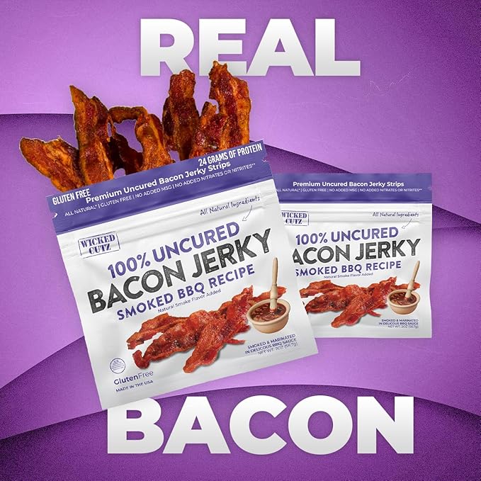 Bacon Jerky Variety Pack | 5 Flavors &amp Up to 24g Protein Per Bag | Fully Cooked Tender Easy to Chew USA Made High Protein Carnivore Snacks | Unique Gifts for Men (5 Bags)