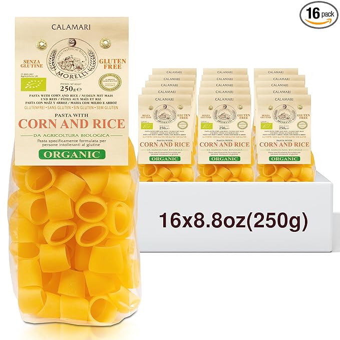 Morelli Mezzi Paccheri Organic Pasta - Italian Gourmet Large Circle Gluten-Free Pasta from Italy Made from Corn &amp Rice for Stuffing - 8.8 ounce - Pack of 16