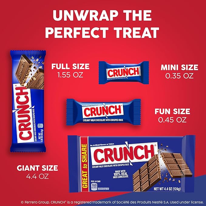 CRUNCH Candy Bar Creamy Milk Chocolate with Crunchy Crisped Rice Share Pack 18 Count 2.7 oz Each