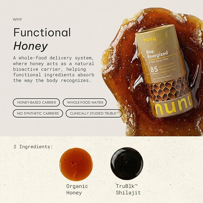 HUNY Bee Energized Shilajit Honey Sticks | Functional Raw Honey + TruBlk Clinically Studied Pure Himalayan Shilajit | 85+ Trace Minerals &amp Fulvic Acid for Clean Energy | 30 Count