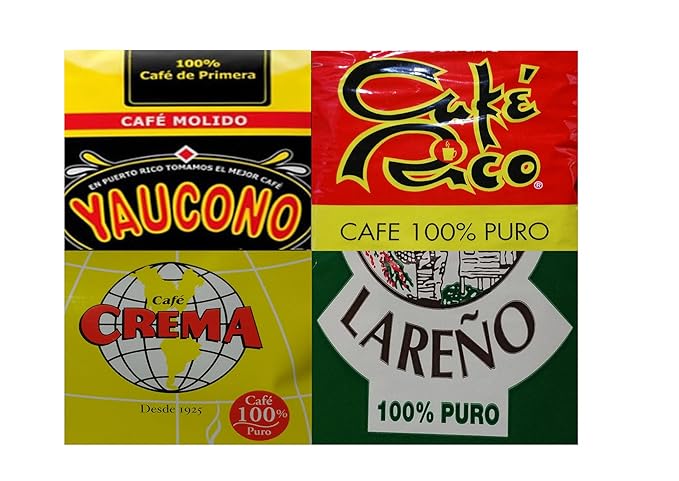 Puerto Rican Ground Coffee Variety Pack - 4 Local Favorites In 8 Ounce Bags (Cafe Rico Lareno Crema and Yaucono) Includes 2 Envelopes Of Sason Accent