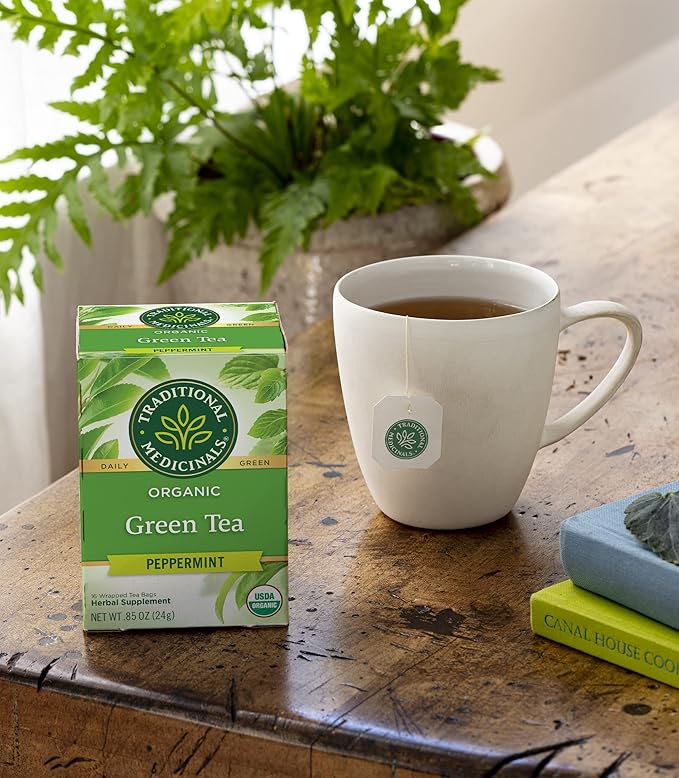 Traditional Medicinals Organic Green Tea Peppermint Herbal Tea Alleviates Digestive Discomfort (Pack of 3) - 48 Tea Bags Total