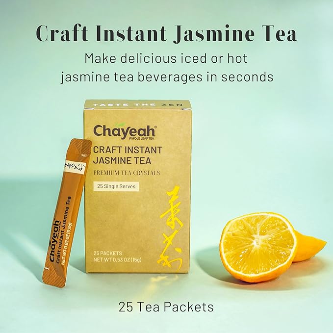 CHAYEAH Craft Instant Jasmine Tea Unsweetened Jasmine Green Tea Powder for Quick Hot &amp Cold Beverages 100% Natural On-the-Go Premium Tea Crystals Caffeinated (25 Single Serve Packets)