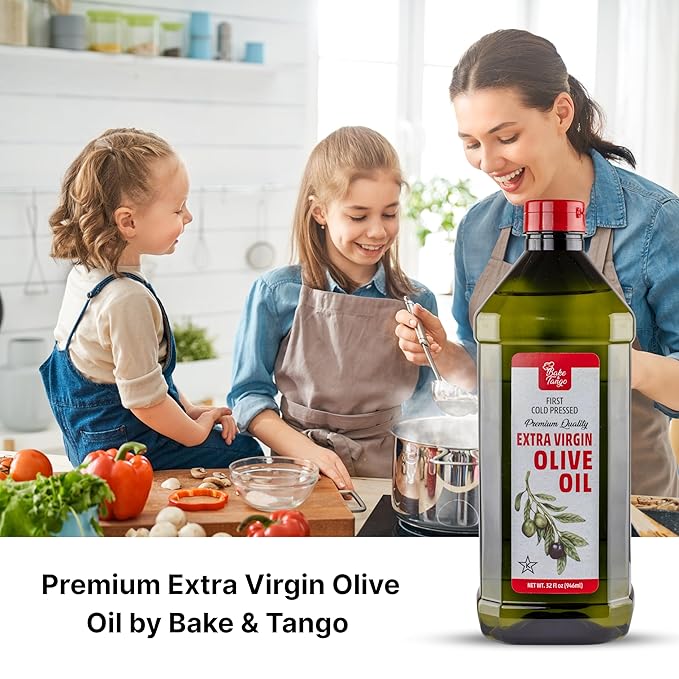 Bake and Tango 32 fl oz Extra Virgin Olive Oil - 100% Pure Cold-Pressed Certified Kosher Premium Quality for Cooking Baking and Salad Dressings