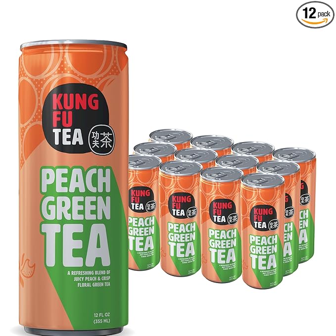 Kung Fu Tea Canned Peach Green Tea – Lightly Sweetened Peach Green Tea in a Can Ready to Drink – All Natural Premium Iced Tea – 12 oz Cans Pack of 12