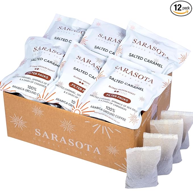 Ground Flavored Coffee In Filter Packs | Medium Roast Low Acid Mold Free Pouches | Sampler Packets | Salted Caramel Gourmet Powder Bags for 10-12 Cup Drip Maker | Highest Rated Individual Premeasured