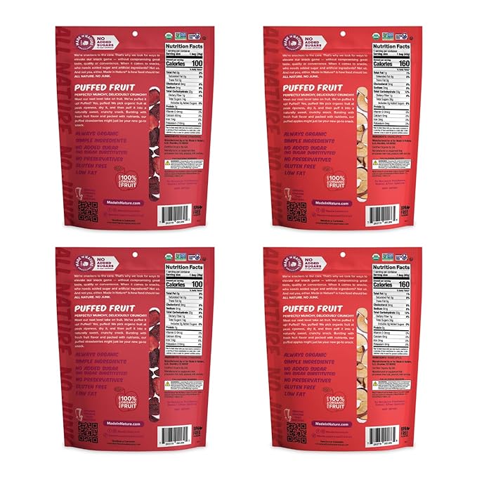 Made In Nature Organic Puffed Fruit Favorites Pack 1.1 Ounce Bag (Pack of 4) - Includes 2 Strawberry 2 Apple