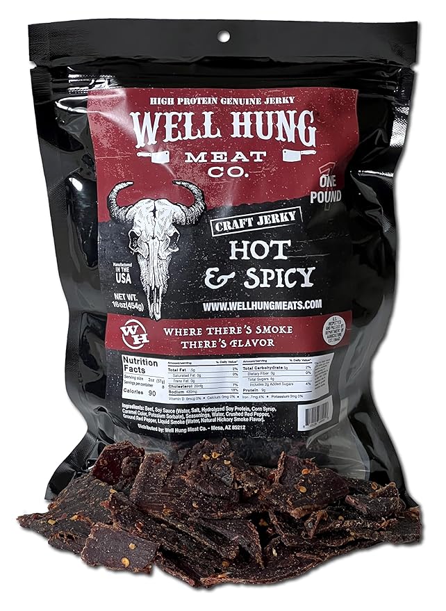 Well Hung Meats Hot and Spicy Beef Jerky One Pound Resealable Craft Jerky Bag (16oz)