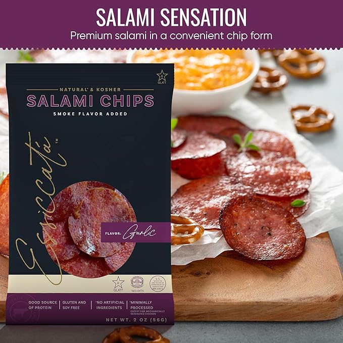 Aufschnitt Meats Kosher Salami Chips - Sliced Sausage Charcuterie Meat - Natural Friendly - 2 oz Garlic 5 Pack