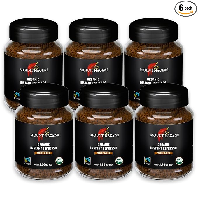 Mount Hagen Instant Espresso Coffee 6 Pack Eco-friendly Organic Espresso Coffee Made From Medium Roast Arabica Beans Freeze Dried Instant Coffee Fair-Trade Kosher [6x1.76oz/50g Jar]