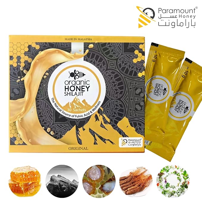 Paramount Organic Honey with Shilajit - Pure &amp Natural Jelly Honey Bee Pollen (Large Pack of 30 Sachets 10Gram Each)