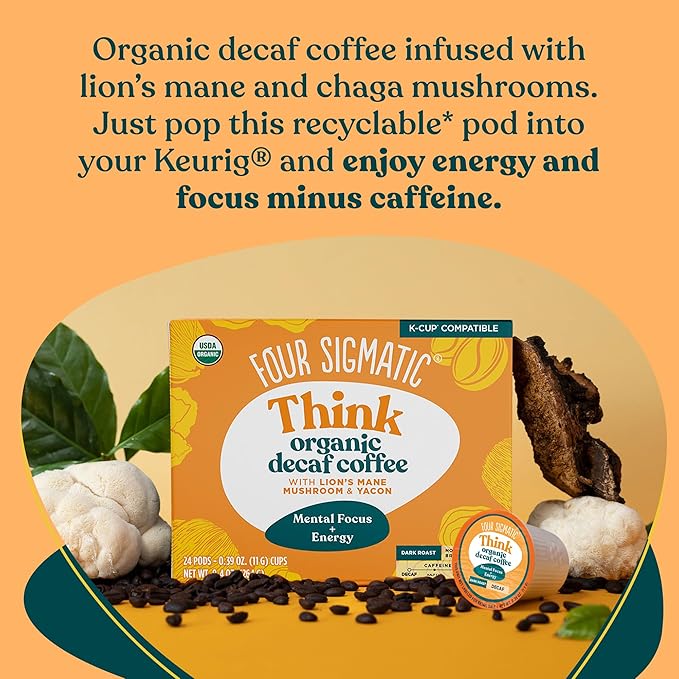 Four Sigmatic Decaf Mushroom Coffee K-Cups | Organic Dark Roast Coffee with Lion’s Mane &amp Yacon | Focus &amp Immune Support | Vegan &amp Keto | Sustainable Pods | 24 Count