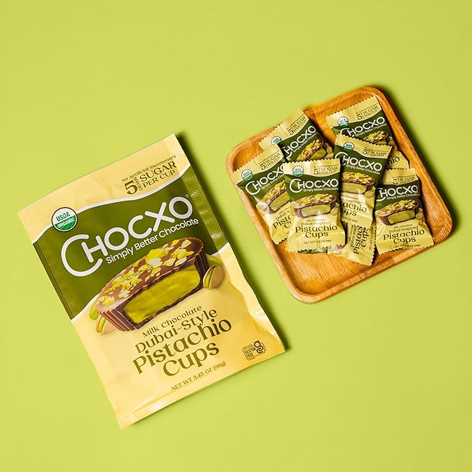 Chocxo Milk Dubai Chocolate Pistachio Cups - Lower Sugar Organic NonGMO Keto Gluten Free Kosher. 43% Cacao No Artificial Sweeteners/Sugar Alcohols 3.45 oz (Pack of 6)