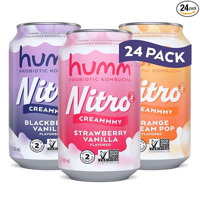 Humm Nitro Kombucha Variety Pack Creamy Smooth Probiotic Drink with L-Theanine Includes Blackberry Vanilla Orange Dream Pop &amp Strawberry Vanilla Non-GMO Vegan Gluten Free 12 fl oz (Pack of