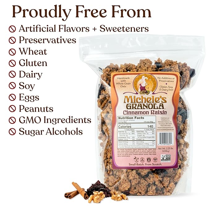 Michele's Granola Cinnamon Raisin Handmade Whole Grain Vegan Gluten-Free &amp Non-GMO 36oz Resealable Bag