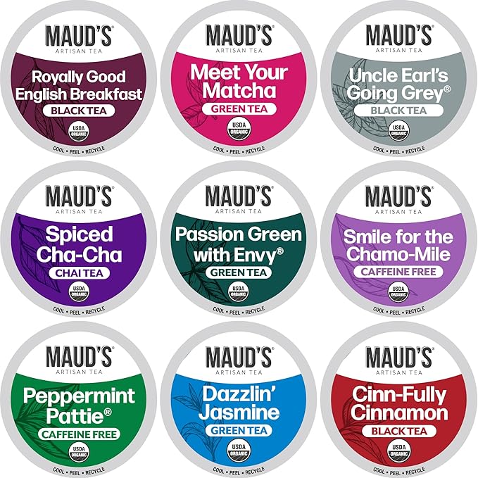 Maud's 9 Blend Organic Tea Pods Variety Pack 48 ct 9 Assorted Flavors Single Serve Pods –100% Gourmet Blended Tea Leaves Compatible with Keurig K Cups Maker