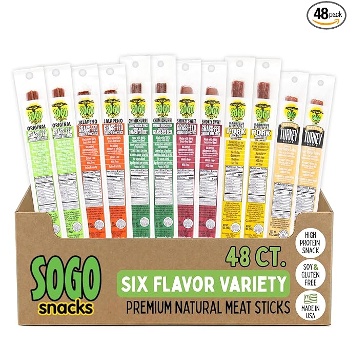 6 Flavor Variety Meat Sticks. No Added Nitrates Gluten Soy MSG Dairy or Nuts. 4 100% Grass-fed Beef flavors 1 Free-Range Turkey Flavor &amp 1 Natural Pork Flavor (8 of Each 48-cnt 1-oz Stic