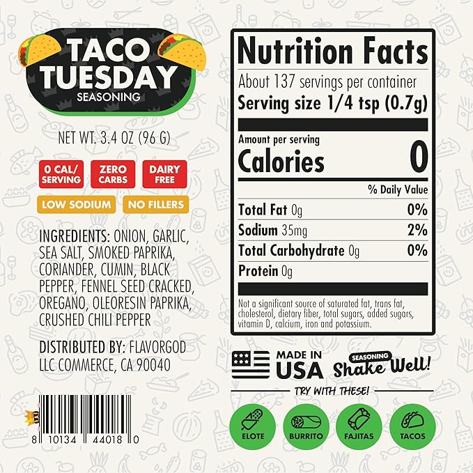 Flavor God 2 Bottles Taco Tuesday Seasoning Mix Natural Healthy Spice Blend For Grilling Chicken Beef Seafood Vegetables Salad Tacos Pizza Kosher Gluten &amp Dairy Free Vegan Keto Friendly