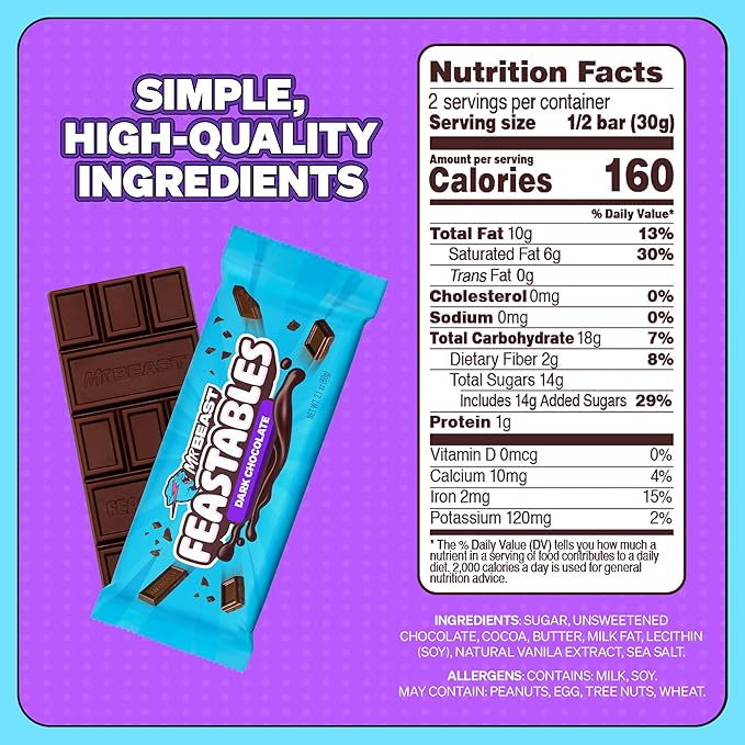 MrBeast Feastables Original Dark Chocolate Bar King Size 10 Count Rich Dark Chocolate Candy Fairtrade Cocoa 2.1oz Each