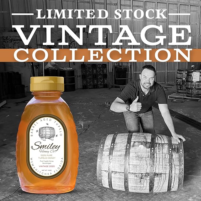 Smiley Honey Barrel Aged Tupelo Honey Vintage 2020 Aged 5 Years in Kentucky Owl Bourbon Barrels Exclusive Run (16oz Barrel Aged Tupelo Honey)