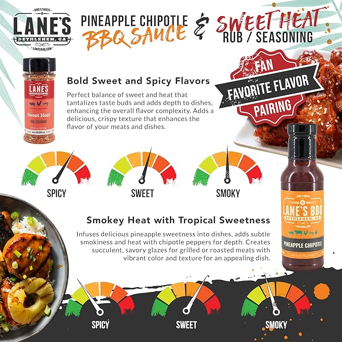 Lane's Pineapple Chipotle BBQ Sauce Bundle with Sweet Heat Rub &amp Seasoning Tropically Inspired Championship Barbecue Sauce for Chicken Made in USA