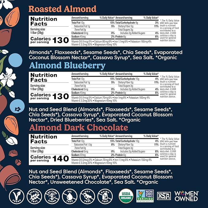 Tosi Almond Variety Pack Protein Bars Plant Based with Nuts Gluten-Free Crunchy Snacks Vegan Organic Flax &amp Chia Seeds Soy-Free Omega 3s 5G Protein 1 oz 12-Pack