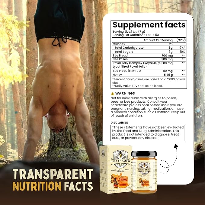 DOSE OF NATURE Raw Honey with Bee Bread | Small Batch Unfiltered Superfood Honey Pack for Energy &amp Stamina | Organic Honey for Vitality Recovery Immunity &amp Daily Wellness | Wildcrafted 50