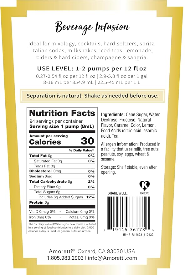 Amoretti - Green Tea Lemonade Beverage Infusion 94 Servings Per Bottle (750 ml) - Drink Mix &amp Water Enhancer with Pump for Flavoring Cocktails Waters Teas and other Beverages Preservative Fre