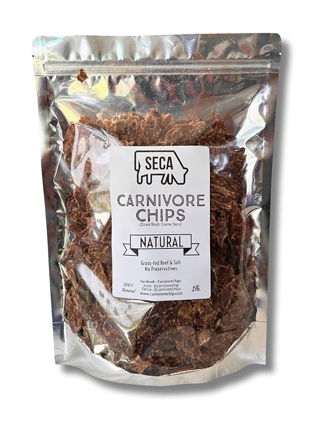 SECA - Carnivore Chips - 1lb bag Natural Grass fed Beef and Salt Carne Seca- Keto Carnivore Paleo 1 pound bag